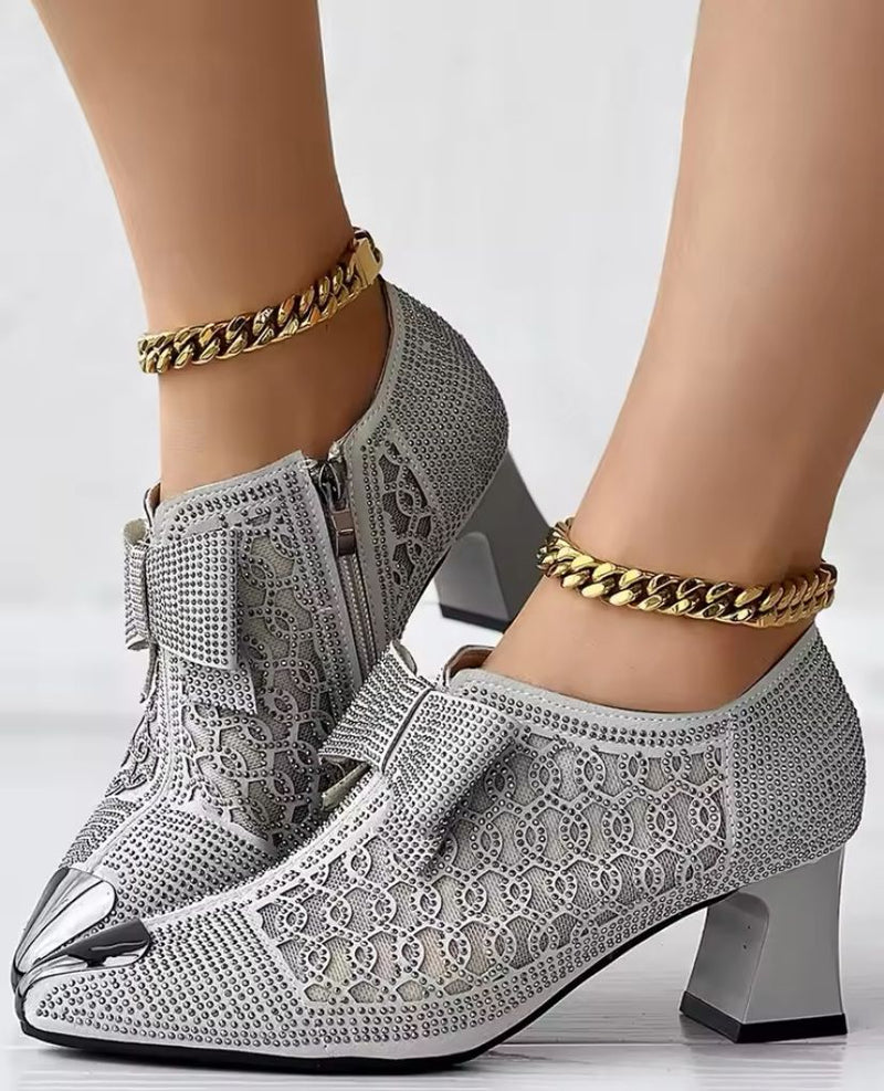 Heels Women's Hollow Mesh Shoes Fashion Rhinestone Square Heel  B127830   (40)