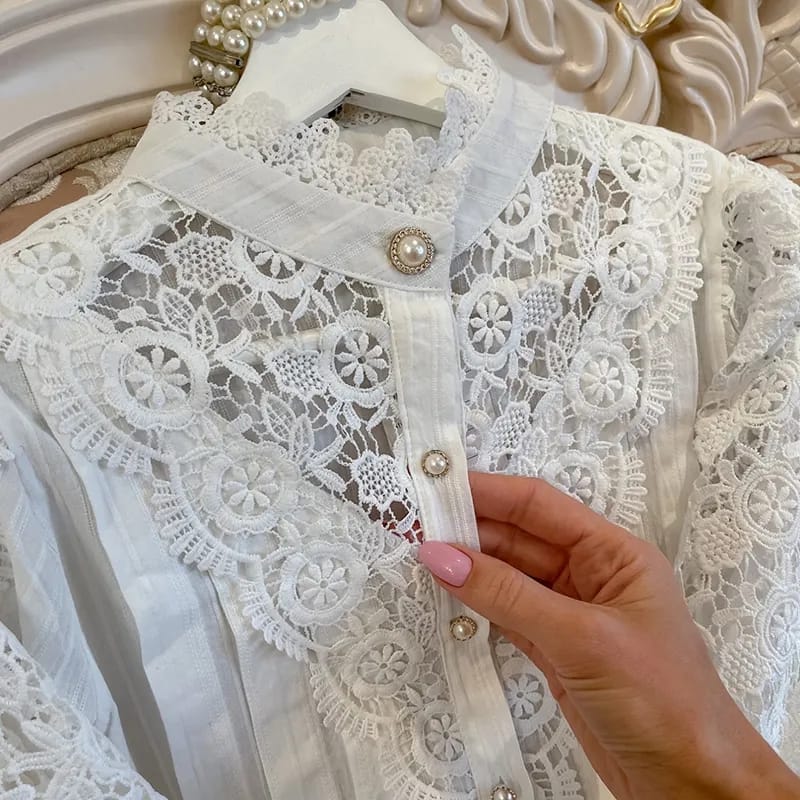 Korean Chic Lace Blouse Women White Patchwork Shirt Button Hollow Out Tops Flower Stand Collar Blusas Petal Sleeve Blouses 2XL X4437838