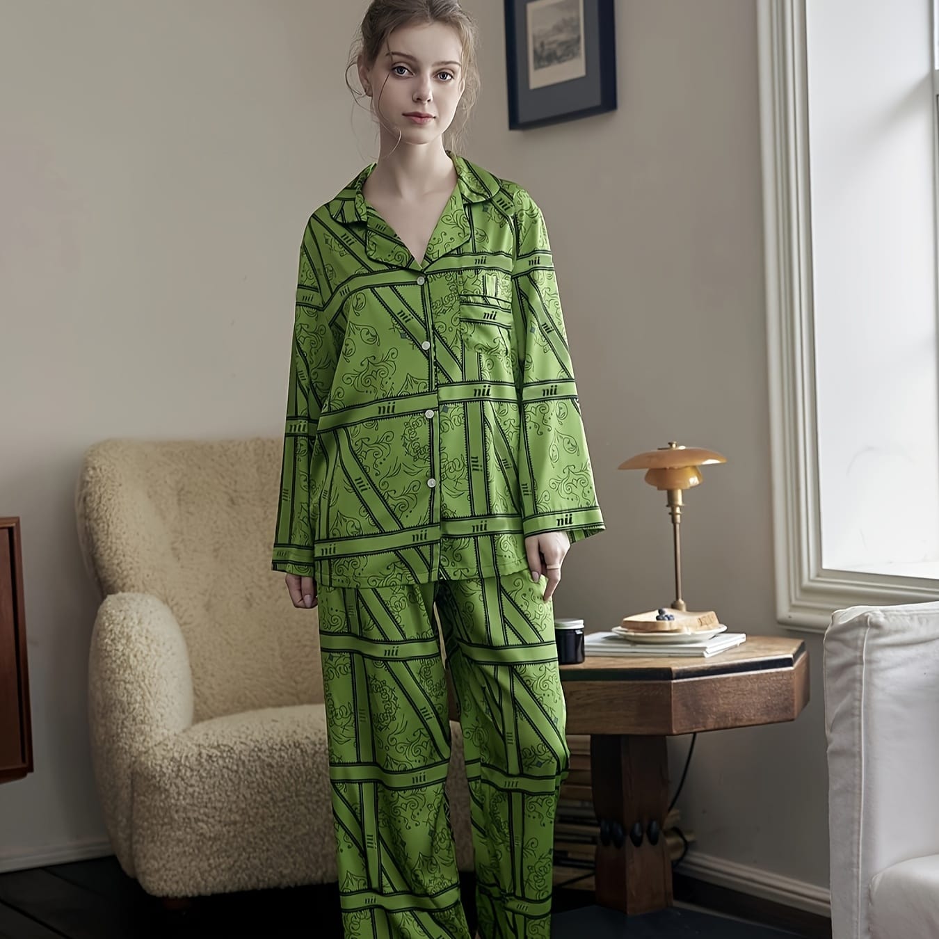 Long-sleeved silk pajamas suit, casual cardigan, home clothes, simulation, spring, autumn X4400820 Long-sleeved silk pajamas suit, casual cardigan, home clothes, simulation, spring, autumn X4400820