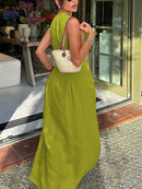 A-Line Loose Pleated Pockets Split-Joint Zipper Round-Neck Maxi Dresses 163220 - TUZZUT Qatar Online Shopping