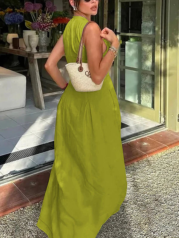 A-Line Loose Pleated Pockets Split-Joint Zipper Round-Neck Maxi Dresses 163220 A-Line Loose Pleated Pockets Split-Joint Zipper Round-Neck Maxi Dresses 163220