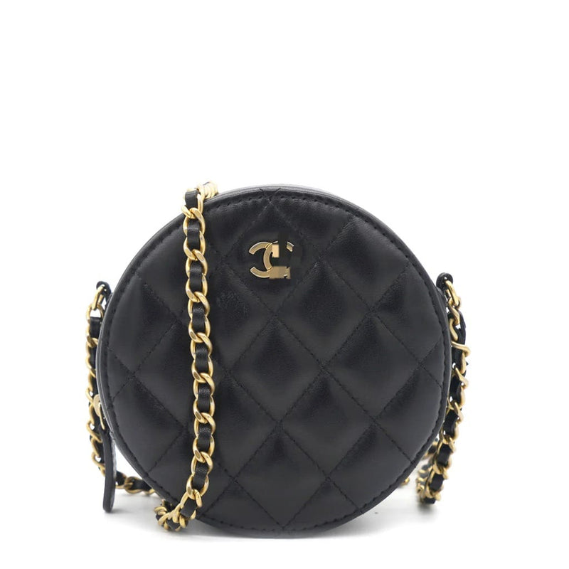 Round Clutch with Chain Lambskin Leather Black B9576 - TUZZUT Qatar Online Shopping