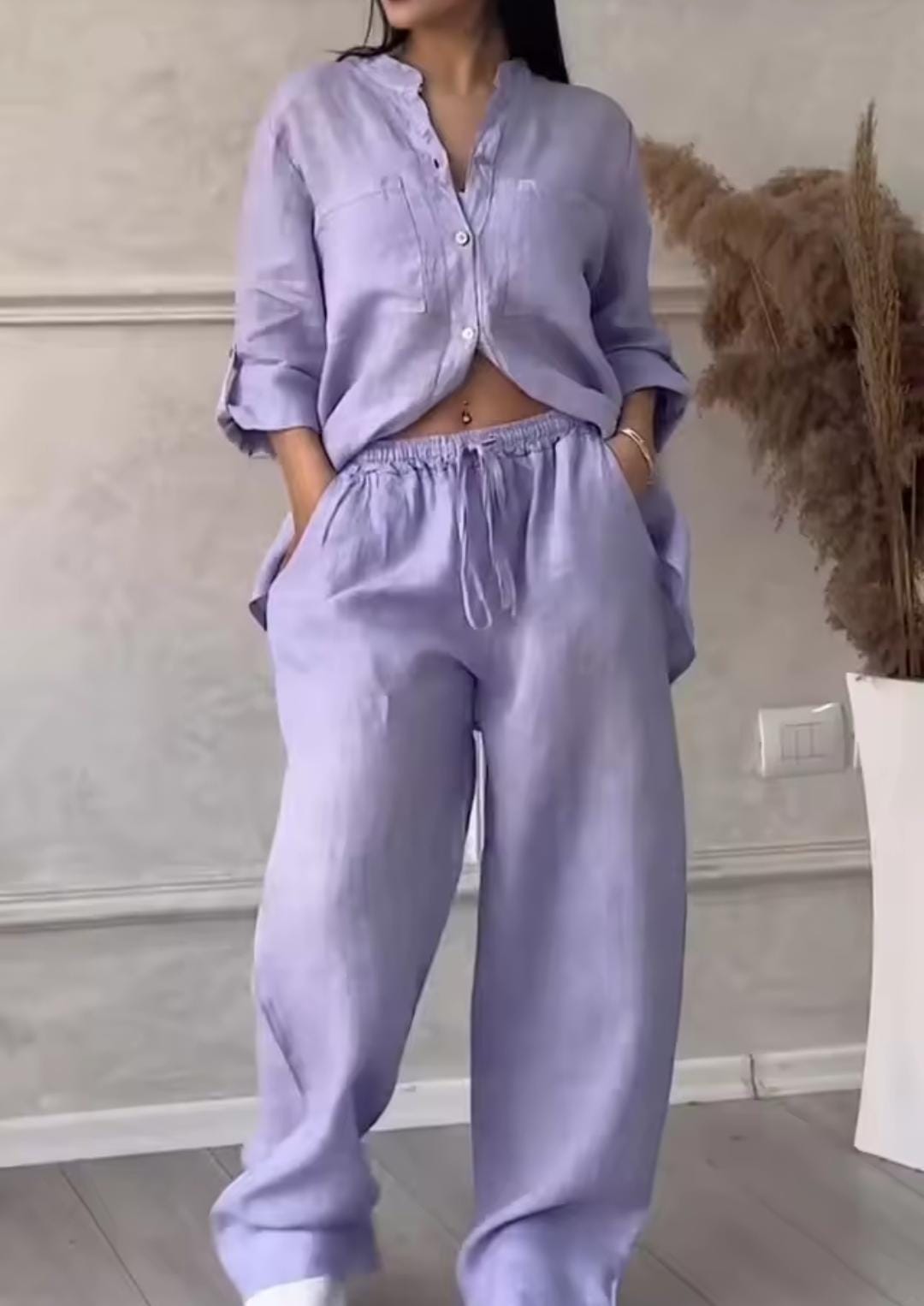 Women Casual 2-piece Set Long Sleeve Single-breasted Shirt And Pants 010388057 Women Casual 2-piece Set Long Sleeve Single-breasted Shirt And Pants 010388057