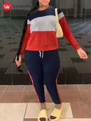 Women's Round Neck Striped Patchwork Pants Set   488088 - TUZZUT Qatar Online Shopping