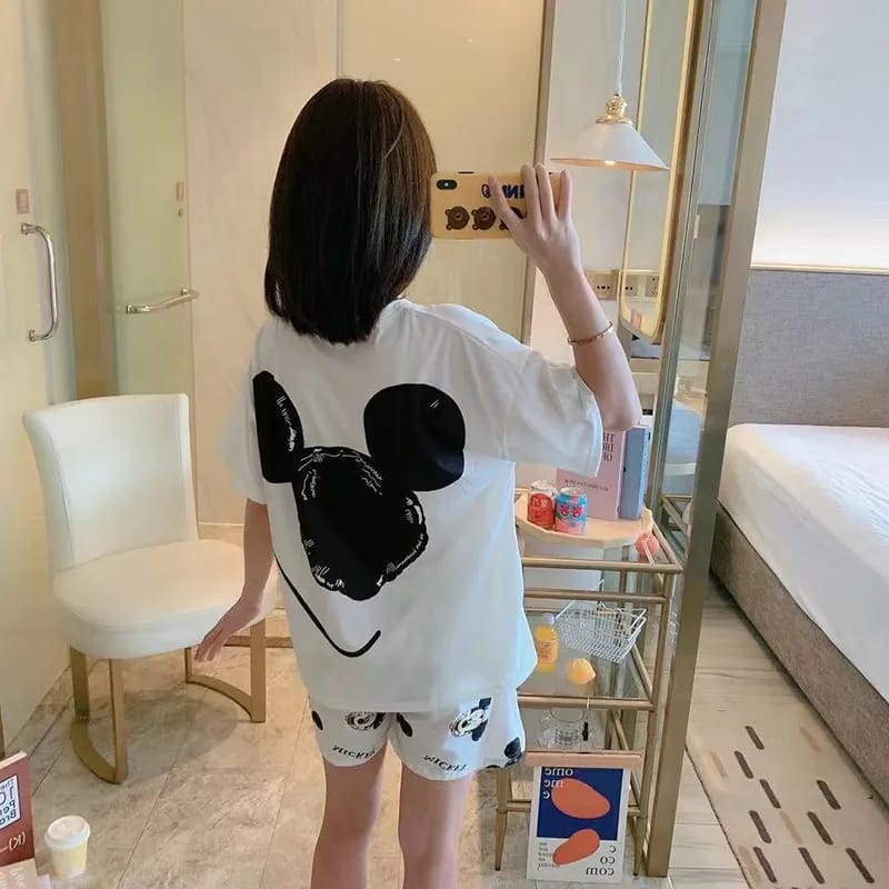 Disney Mickey White Women's Spring Summer Pajamas Set Three-piece Short Sleeve + Shorts + Trousers Soft And Comfortable Homewear L X4250045 Disney Mickey White Women's Spring Summer Pajamas Set Three-piece Short Sleeve + Shorts + Trousers Soft And Comfortable Homewear L X4250045