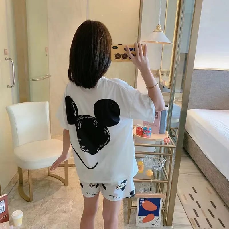 Disney Mickey White Women's Spring Summer Pajamas Set Three-piece Short Sleeve + Shorts + Trousers Soft And Comfortable Homewear L X4250045