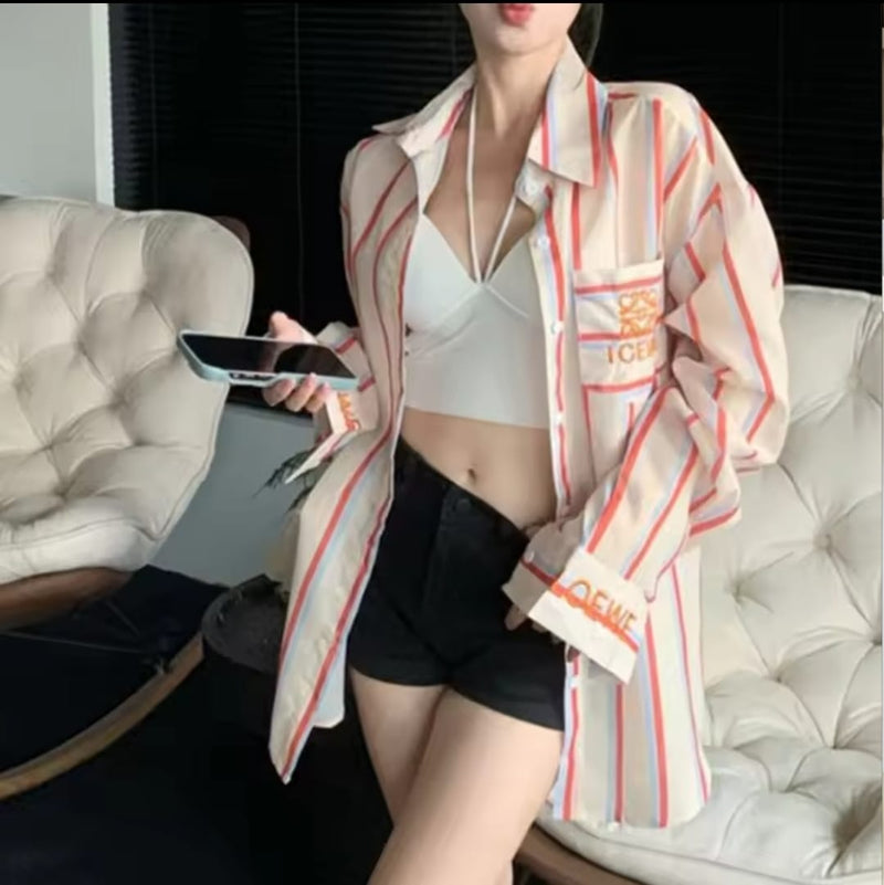Korean Striped Long Sleeve Blouse Coat L9600 - TUZZUT Qatar Online Shopping