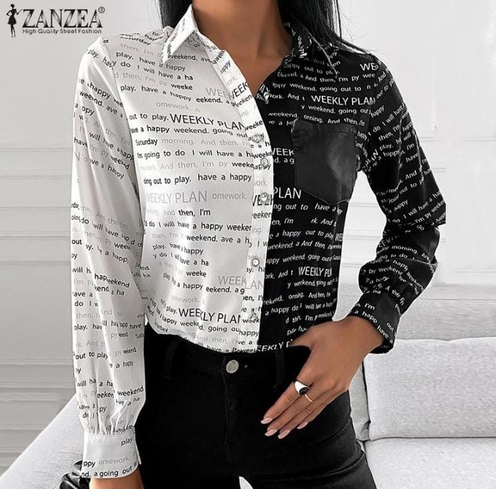 Slim Chiffon Printed Letter Long Sleeve Shirt Top S3929928 Slim Chiffon Printed Letter Long Sleeve Shirt Top S3929928