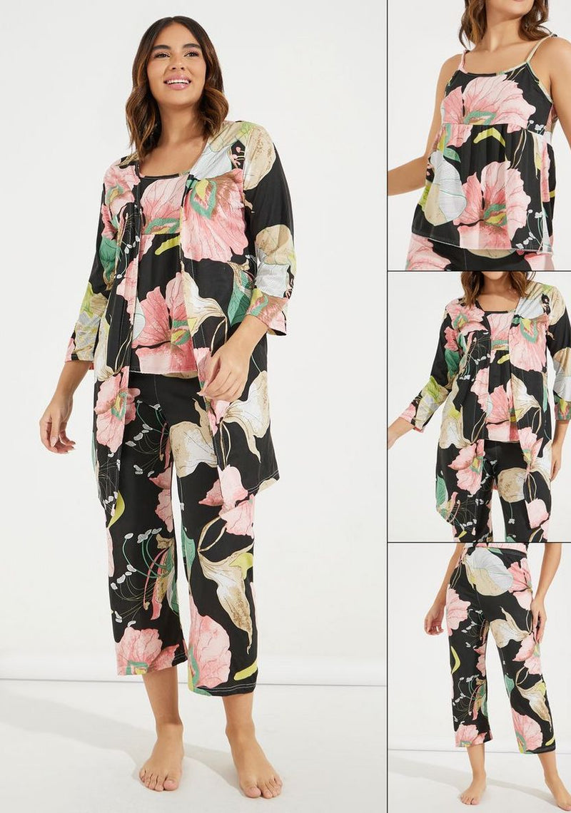 Women's 3 pcs Sleepwear Leaf Print Cami and Pants Pajama Set 559571 - TUZZUT Qatar Online Shopping