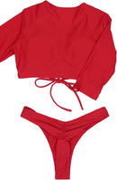 Woman Deep V Bikini Swimsuit Half Sleeve Tie Front Top with Thong Briefs 2 Pcs Bathing Suit 122085 - TUZZUT Qatar Online Shopping