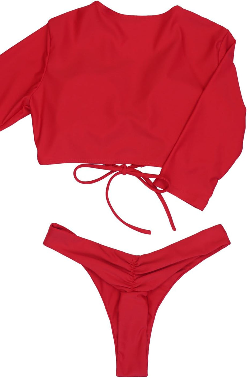 Woman Deep V Bikini Swimsuit Half Sleeve Tie Front Top with Thong Briefs 2 Pcs Bathing Suit 122085 - TUZZUT Qatar Online Shopping