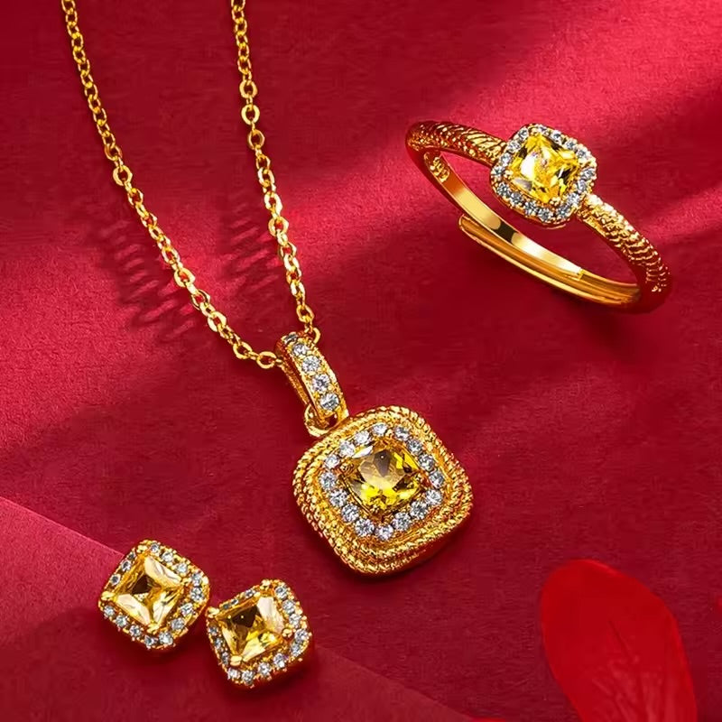 Women Square Zircon Necklace+Ring+Stud Earrings Jewelry B294799