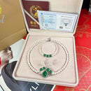 Green Chalcedony Pendant Pearl Necklace White Pearl Bracelet Set 128750