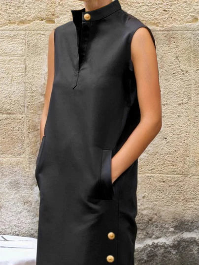 Sleeveless Buttoned Split-side Stand Collar Maxi Dresses 156325 Sleeveless Buttoned Split-side Stand Collar Maxi Dresses 156325