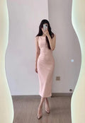 Women Slim Fit Patchwork Flat Shoulders Pleated Sleeveless Side Slit Midi Dress S4821498 - Tuzzut.com Qatar Online Shopping