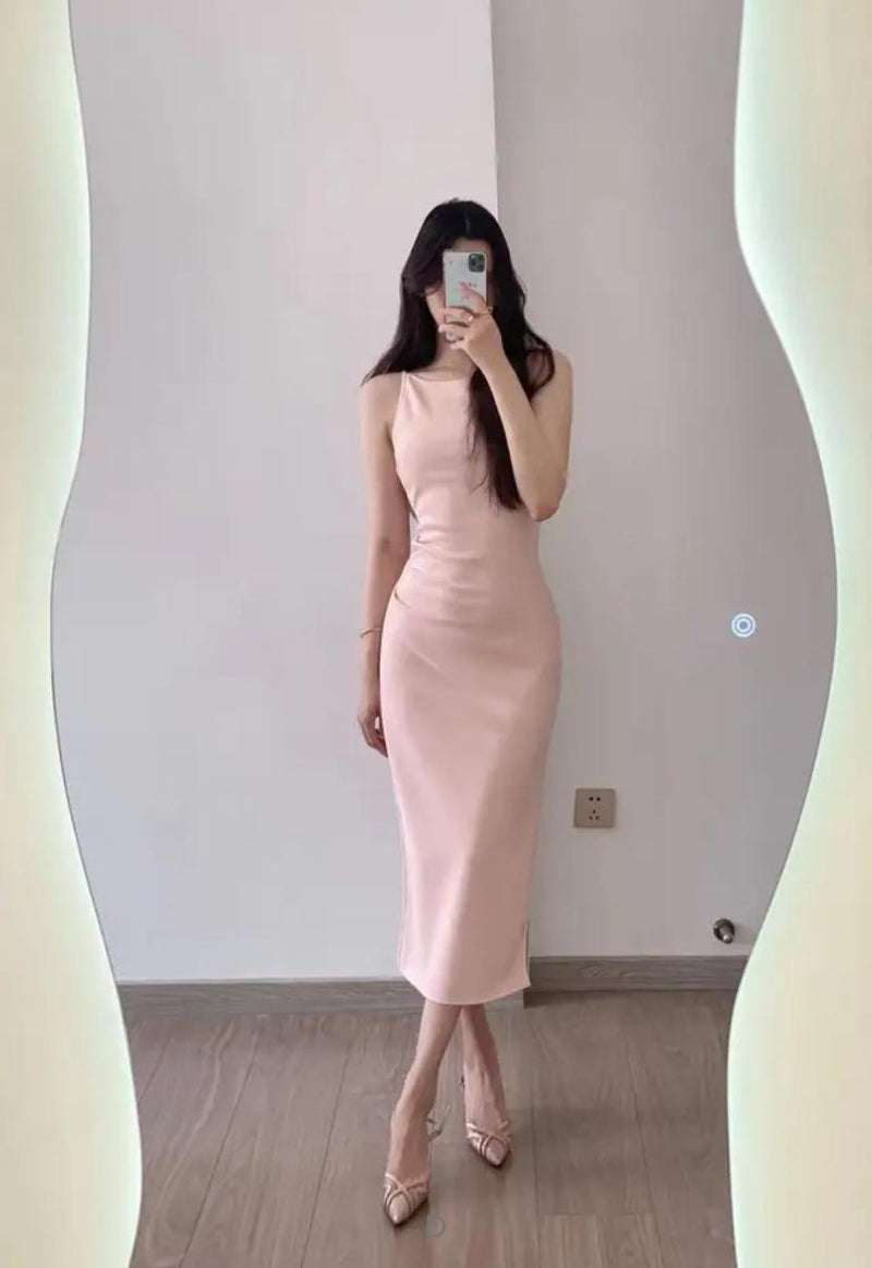 Women Slim Fit Patchwork Flat Shoulders Pleated Sleeveless Side Slit Midi Dress S4821498 - Tuzzut.com Qatar Online Shopping
