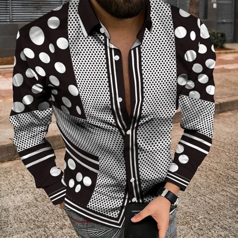 Autumn Winter Men's Long Shirt Single Breasted Lapel 3D Latest Daily Casual Square Splicing Theme Male Tops Button Cardigan S4422235 - Tuzzut.com Qatar Online Shopping