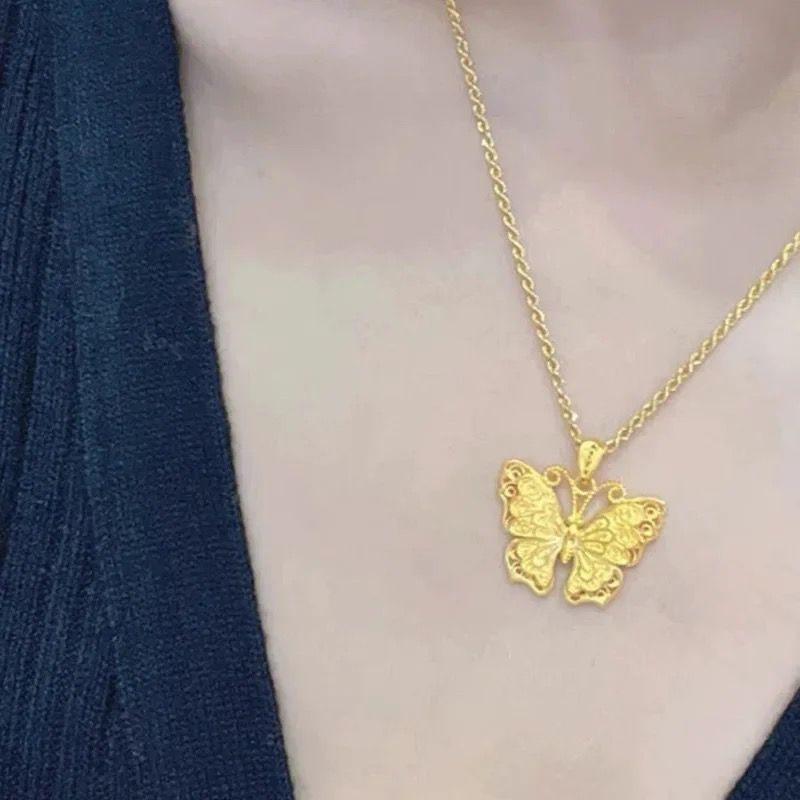 Yellow Gold Silk Butterfly Pendant Antique Golden Butterfly Necklace Model-05