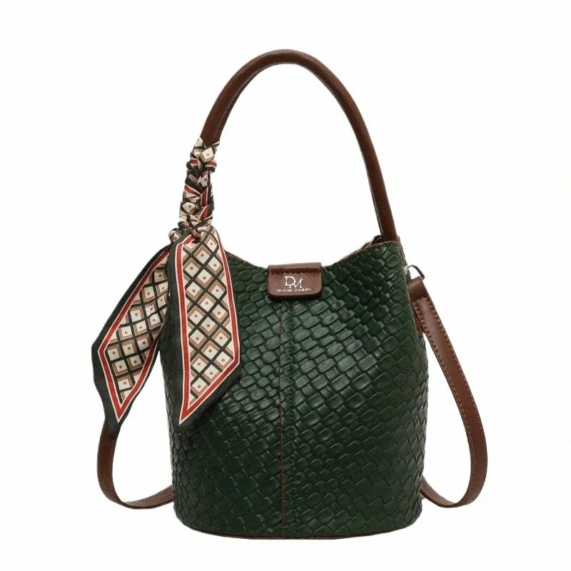 Retro Woven Green Bucket Purse With Scarves Large Capacity Womens Bags P-524875