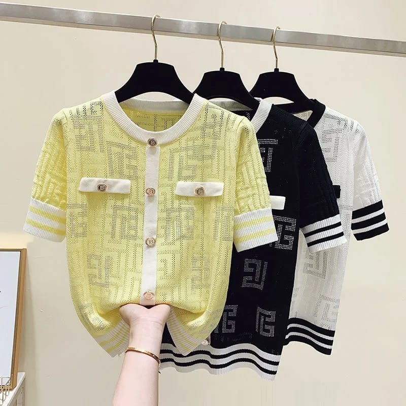 Ice Slik Thin Knitted Women Pullovers Summer Hollow Out Short Sleeve O-neck Buttons Knitwear Sweaters Elegant Fashion Chic Tops XL S4843228 Ice Slik Thin Knitted Women Pullovers Summer Hollow Out Short Sleeve O-neck Buttons Knitwear Sweaters Elegant Fashion Chic Tops XL S4843228