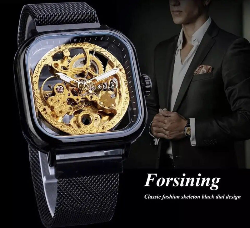 Forsining Mens Black Automatic Mechanical Steampunk Mesh Watch W159327 - Tuzzut.com Qatar Online Shopping