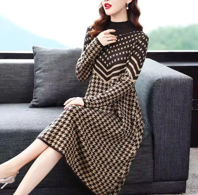 Women's Long Sleeve Round Neck Printed Knit Winter Dress 56355 2XL