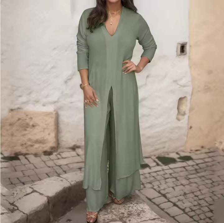 Women's V-neck Long Sleeve Chiffon Shirt 2 Piece Set Casual Wide Leg B88937 Women's V-neck Long Sleeve Chiffon Shirt 2 Piece Set Casual Wide Leg B88937