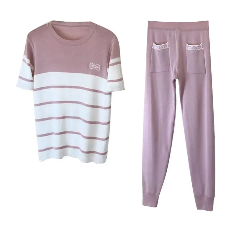 Women Summer Contrast Knitted 2 Piece Set Fashion Casual Pullover Top And Harem Pants Sweater Tracksuit Pink Blue Butterfly Suit S4372895