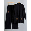 Designer Suit Zipper Loose Knit Sweater Long Top+Drawstring Wide Leg Pant SP55 - TUZZUT Qatar Online Shopping