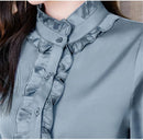 Sweejim Fashion Ruffles Long Sleeve Blouses Women Elegant Office Satin Shirts Basic Tops    S4710736 - TUZZUT Qatar Online Shopping