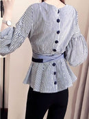 Women Fashion Striped V-Neck Blouse Tops Lantern Sleeve Buttoned Shirt with Belt   B195153 - TUZZUT Qatar Online Shopping