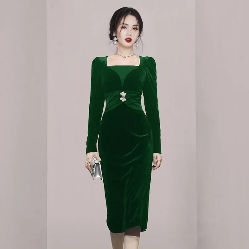 Women's Korean Slim Green Velvet Dresses New Autumn Designer Elegant Puff Sleeve Vintage Color Blocking Simple Midi Dress M B-38400 - Tuzzut.com Qatar Online Shopping