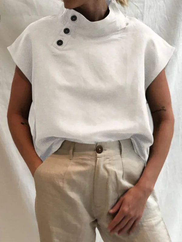 Solid Color Stand Collar Cap-Sleeve Shirts M 84523 Solid Color Stand Collar Cap-Sleeve Shirts M 84523