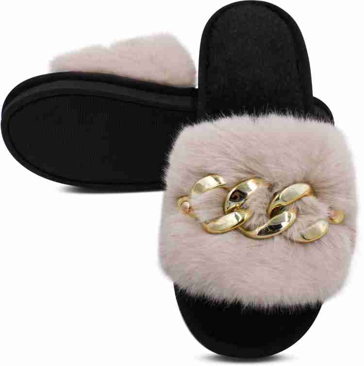 Women's Black Faux Fur Soft Fuzzy Slippers B681569 Women's Black Faux Fur Soft Fuzzy Slippers B681569