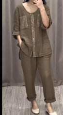 Set for Women Single Breasted Half Sleeve Top & Pants Outfit Summer Crew Neck Casual 2 Piece Set    B269142 - TUZZUT Qatar Online Shopping