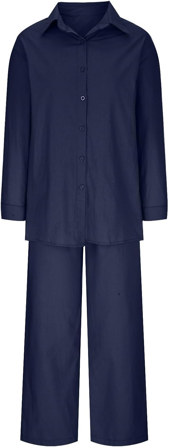 Summer Sets for Women 2 Piece Linen Outfits Gauze Button Down Shirts and Pants Tracksuits Casual Lounge Set Pants Set B101322 Summer Sets for Women 2 Piece Linen Outfits Gauze Button Down Shirts and Pants Tracksuits Casual Lounge Set Pants Set B101322