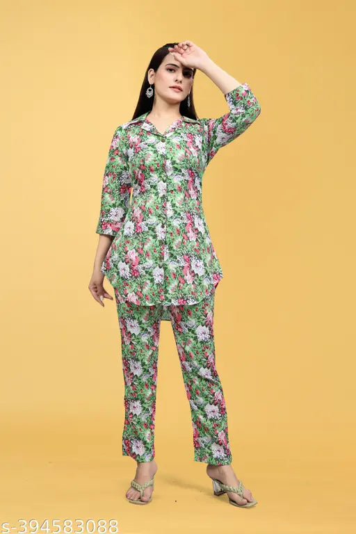 Women's Cotton Polyester Mix Fabric Printed Night suit Pajama Co-Ord Set - VKT1100