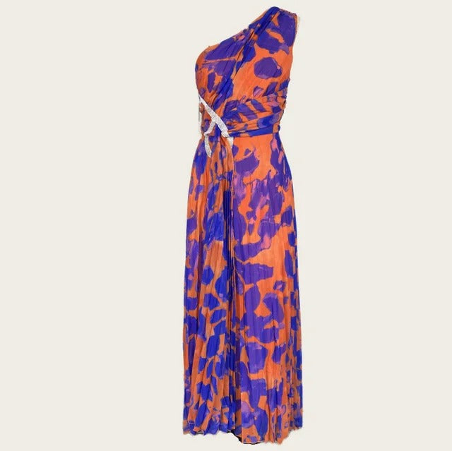 Leopard Print Rhinestone Sleeveless Pleated Side Slit Maxi Dresses 135632 Leopard Print Rhinestone Sleeveless Pleated Side Slit Maxi Dresses 135632