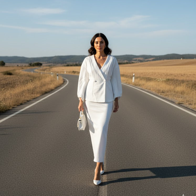 Women's Long Essential White Suiting Set M B-7871