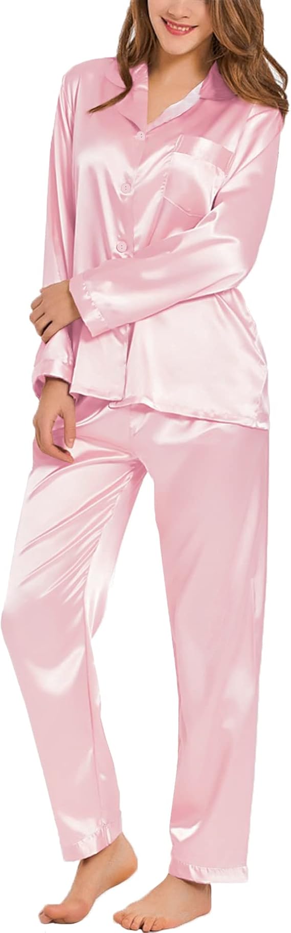 Women's Silk Satin Pajamas Set Long Sleeve 456322 - TUZZUT Qatar Online Shopping