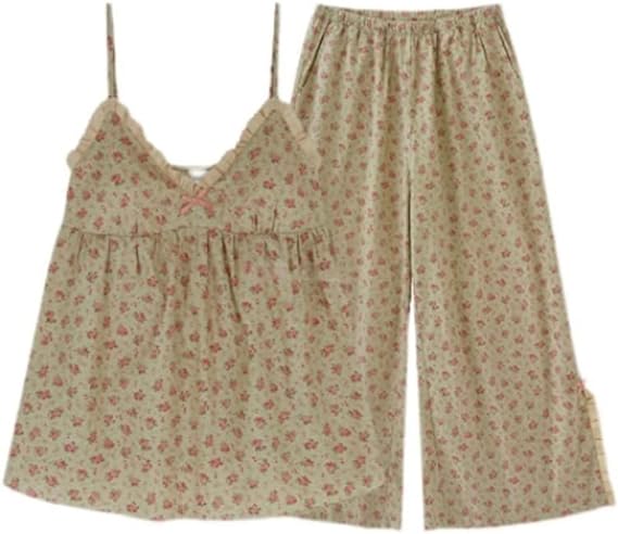 Floral Trouser Suits Pajamas Woman Summer Home Wear 2 Pieces Sleep Tops + Pants Sleeve Nightie Pijamas 2XL X4594951 - Tuzzut.com Qatar Online Shopping