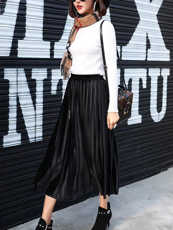 Solid Color High-Waist Pleated A-Line Skirt 2XL 53793 Solid Color High-Waist Pleated A-Line Skirt 2XL 53793