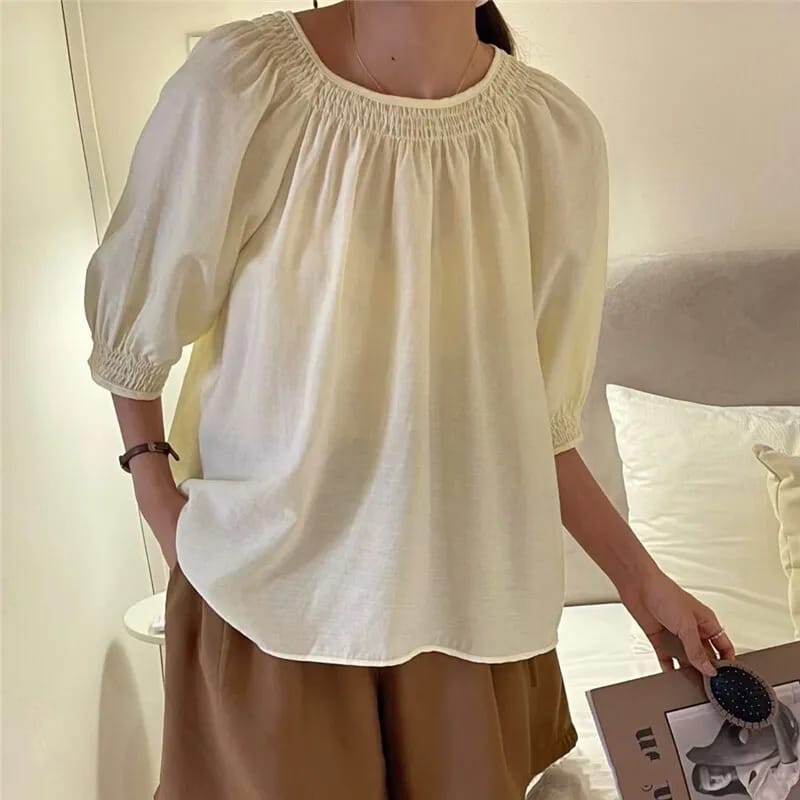 ZANZEA Women Round Neck Tops Casual Plain Pleated Tee Shirt Blouse Pullover 5XL S4733319 - Tuzzut.com Qatar Online Shopping