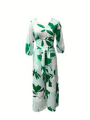 Elegant floral print jumpsuit, three-quarter sleeve V-neck crop top and high-waisted belted wide-leg pants, women's clothing.     B102170 - TUZZUT Qatar Online Shopping