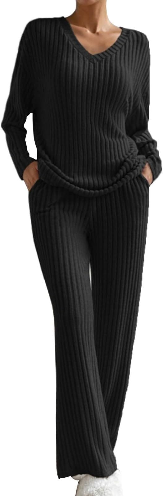 Women 2 Piece Casual Pajamas V Neck Strip Knitted Top 918472 Women 2 Piece Casual Pajamas V Neck Strip Knitted Top 918472