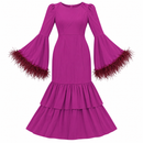 Women’s Magenta Feather-Trim Bell-Sleeve Ruffle Dress SDR 4019 - M