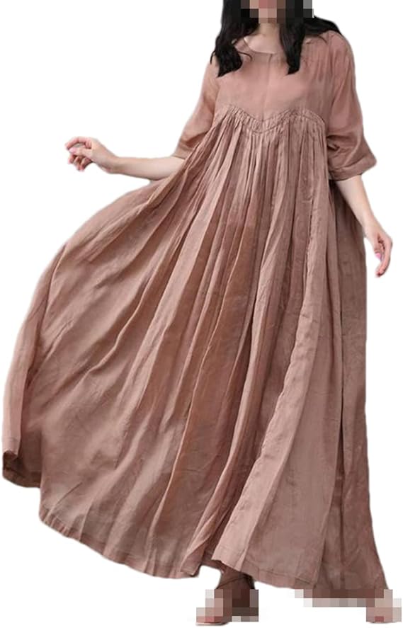 Women's Full Sleeve Solid Loose Waist O-Neck Comfortable Style Casual Summer Long Dress 5XL B-108428 - TUZZUT Qatar Online Shopping
