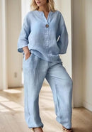 Casual Linen Top Wide Leg Pant Suit TP0012 - TUZZUT Qatar Online Shopping