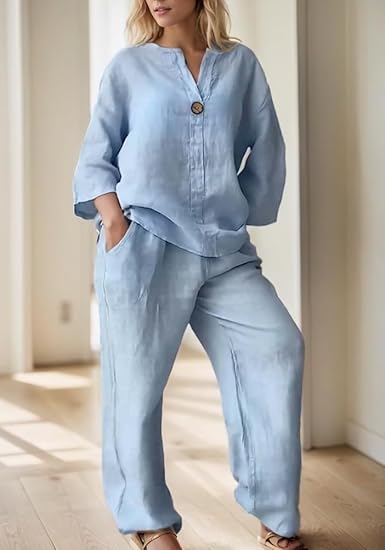 Casual Linen Top Wide Leg Pant Suit TP0012 Casual Linen Top Wide Leg Pant Suit TP0012