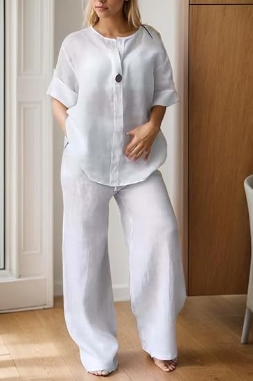 Casual Linen Top Wide Leg Pant Suit TP0012 Casual Linen Top Wide Leg Pant Suit TP0012